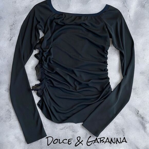 Y2K Dolce & Gabbana Long Sleeve Ruffle Side Top Black Semi Sheer Going Out Shirt - Picture 1 of 13